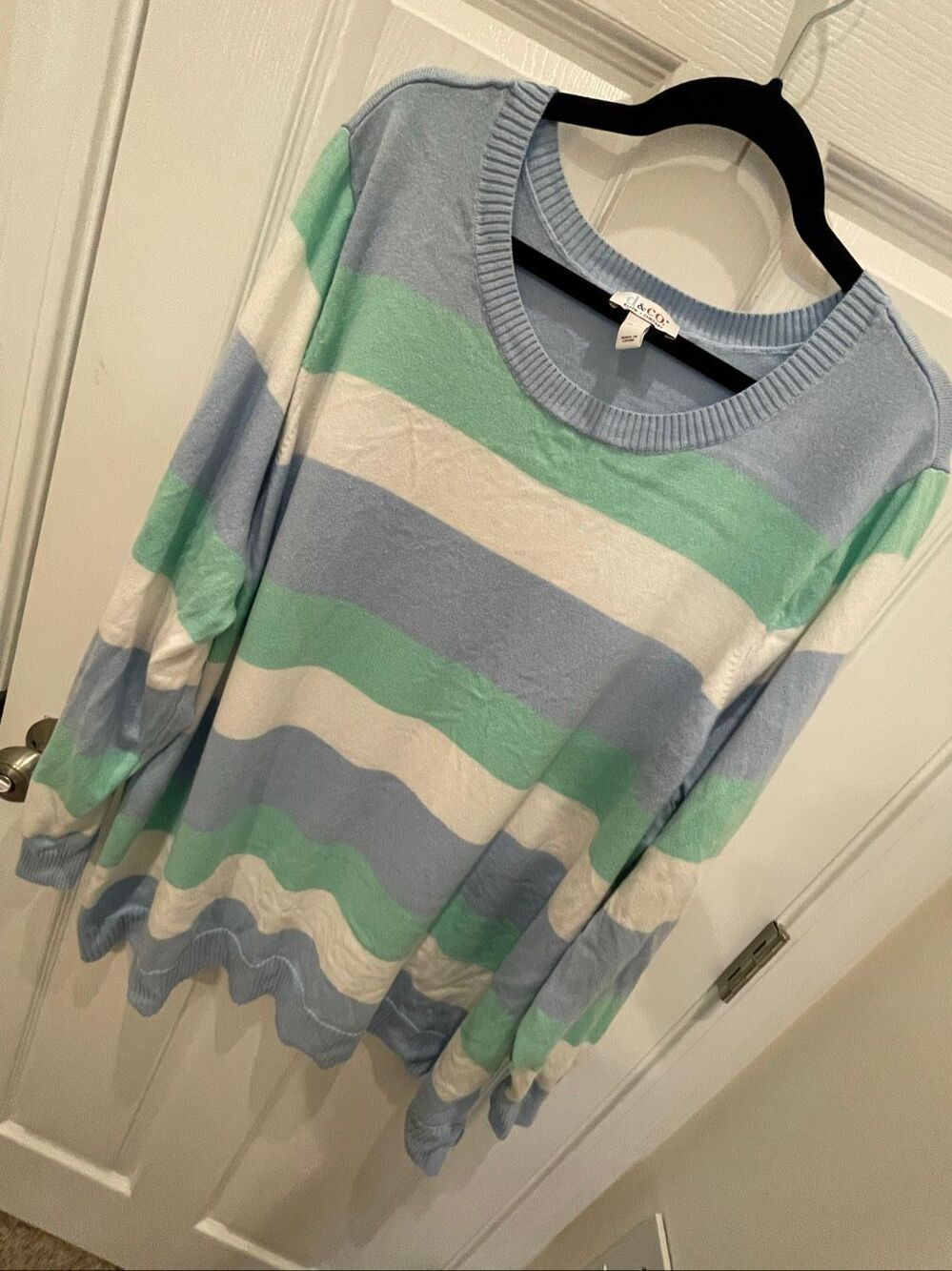 d&co Denim + Company Women’s 4X Striped Crewneck Sweater Light Blue Mint Green W